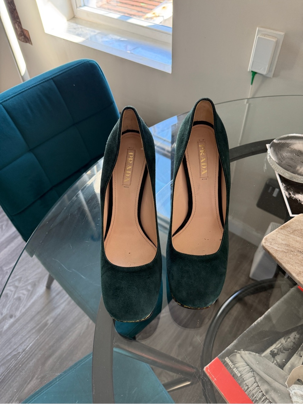 Prada Dark Green Suede Pumps with Olive Snake Textured Heel - Picture 8 of 8